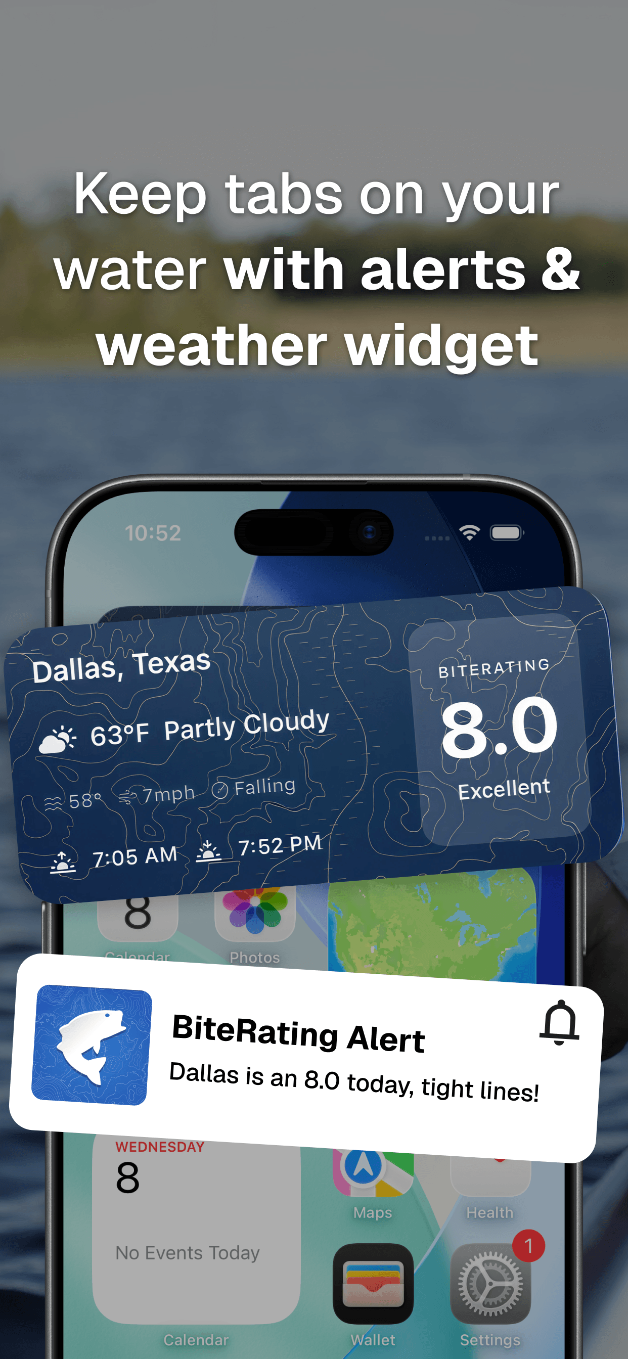 BassRadar home screen widget showing today's bite rating