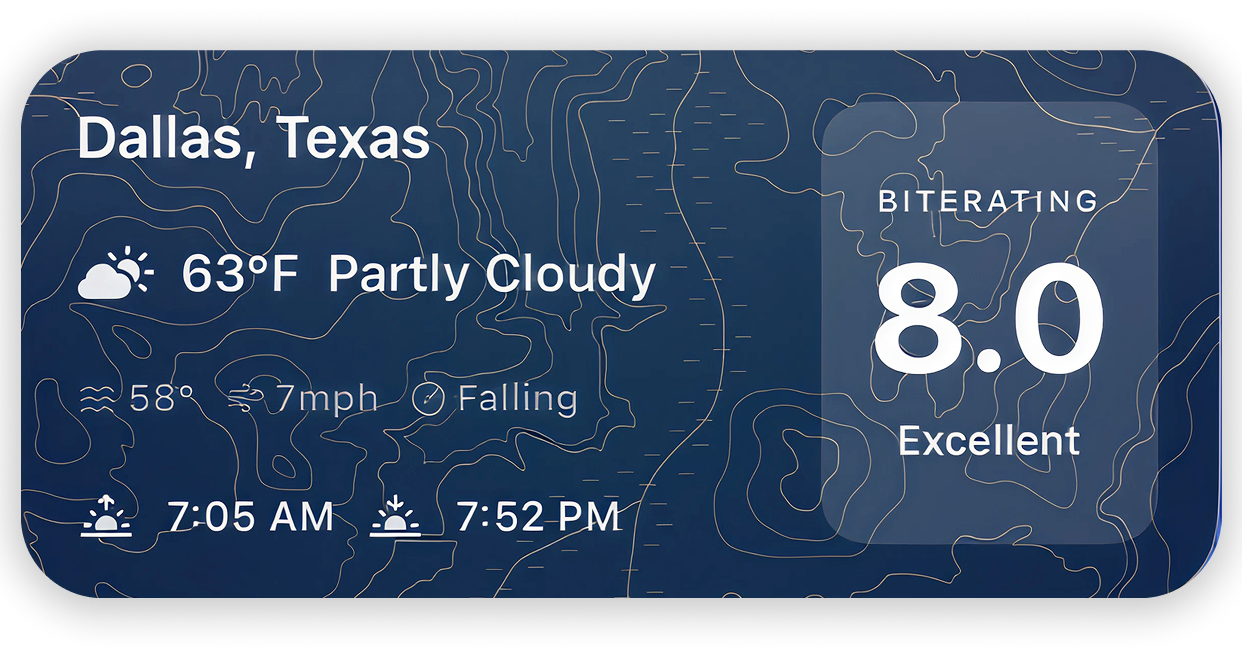 BassRadar iOS home screen widget showing 8.0 BiteRating